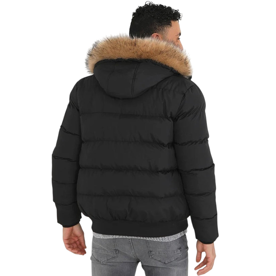 Back of black padded parka with tan faux fur hood trim