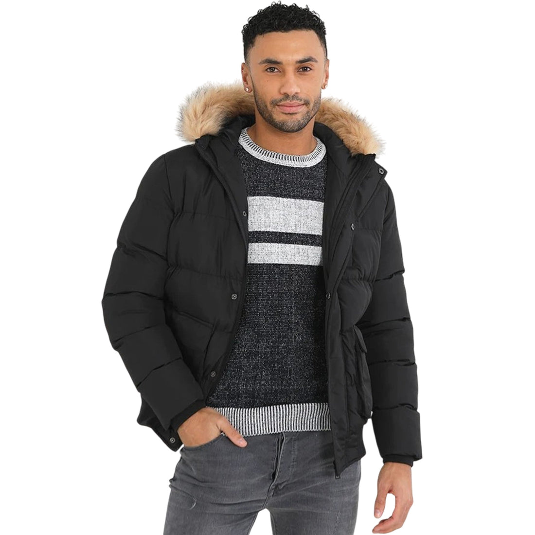 Black padded parka with tan faux fur hood trim and front pockets