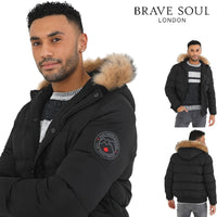 Black padded parka with faux fur hood, sleeve patch, and back view