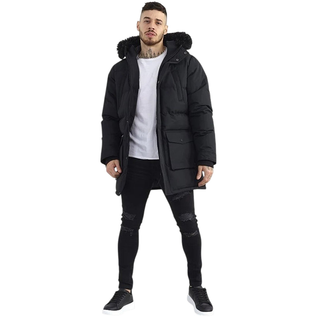Black longline padded parka with a hood trimmed in faux fur and front pockets.