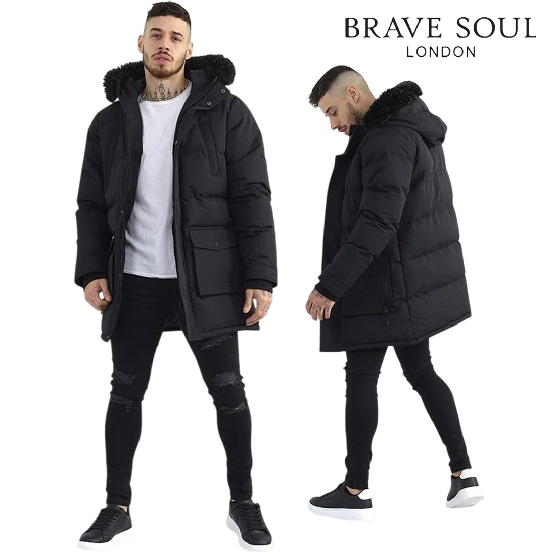Black padded parka shown from the front and side, with a faux fur hood and longline cut.