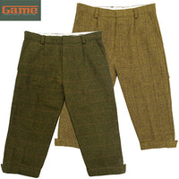 Men's tweed breeks in light and dark sage, with checked patterns and turned-up cuffs