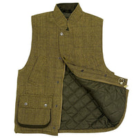 Men's Game light sage tweed gilet opened to show its quilted lining