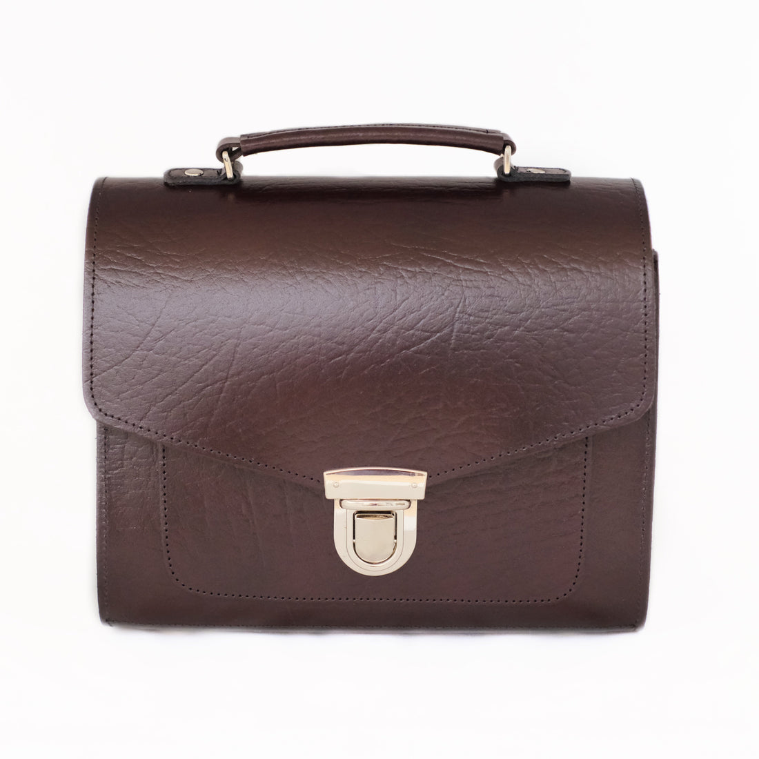 Marsala red leather satchel with top handle and front buckle flap clasp