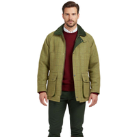 Men's tweed jacket in olive check, shown from the front with a dark green collar and flap pockets