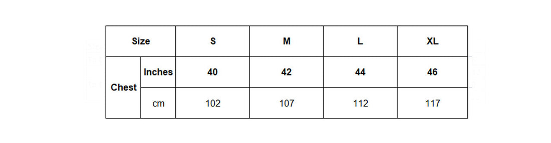 Parka chest size chart in inches and centimeters, sizes S to XL