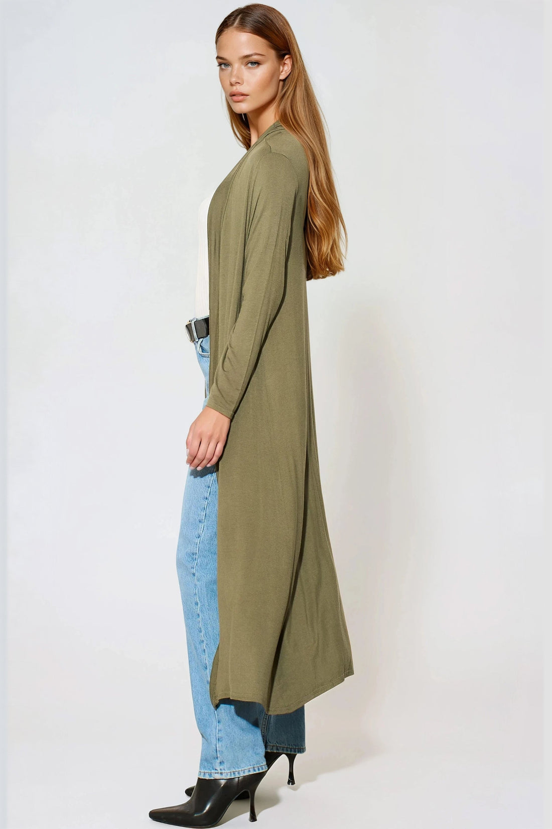 Khaki longline jersey cardigan, open front, long sleeves, side profile