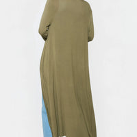 Khaki longline jersey cardigan with open front, long sleeves, back view