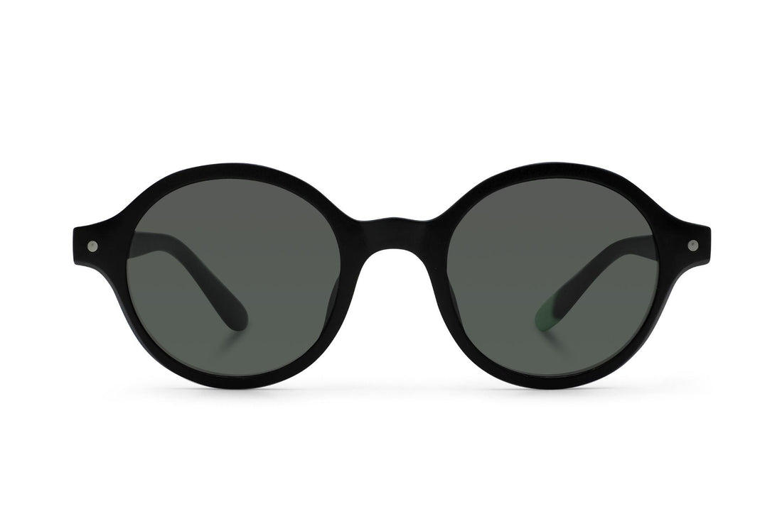 Black round sunglasses with dark lenses, glossy black frame