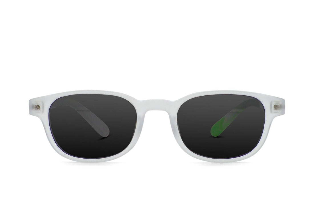 Morris Crystal sunglasses, white frames, black lenses, oval shape