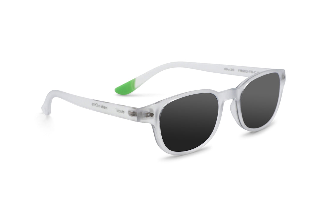 Morris Crystal sunglasses, white frames with green temple accents, black oval lenses