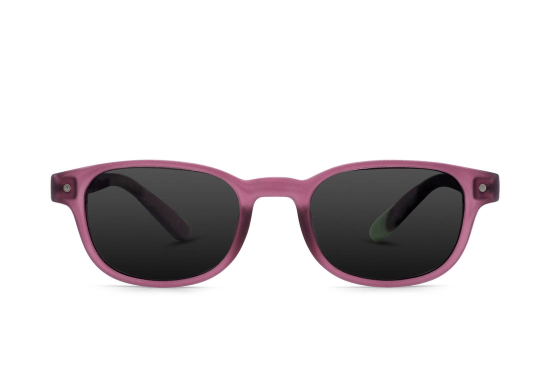 Plum oval sunglasses with dark lenses