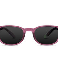 Plum oval sunglasses with dark lenses