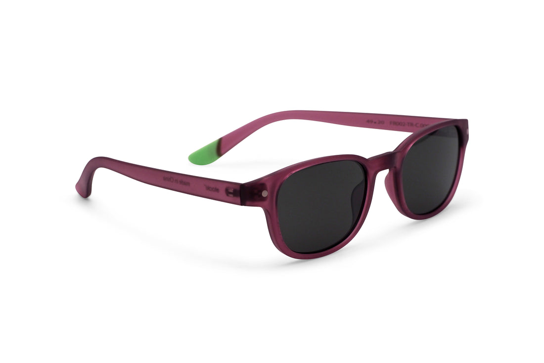 Plum sunglasses with dark lenses and green temple accent