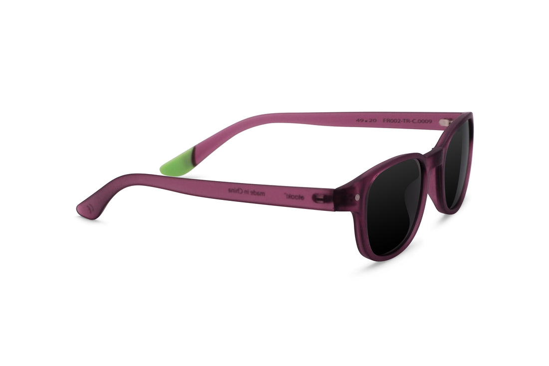 Plum sunglasses with dark lenses and green temple detail, side view