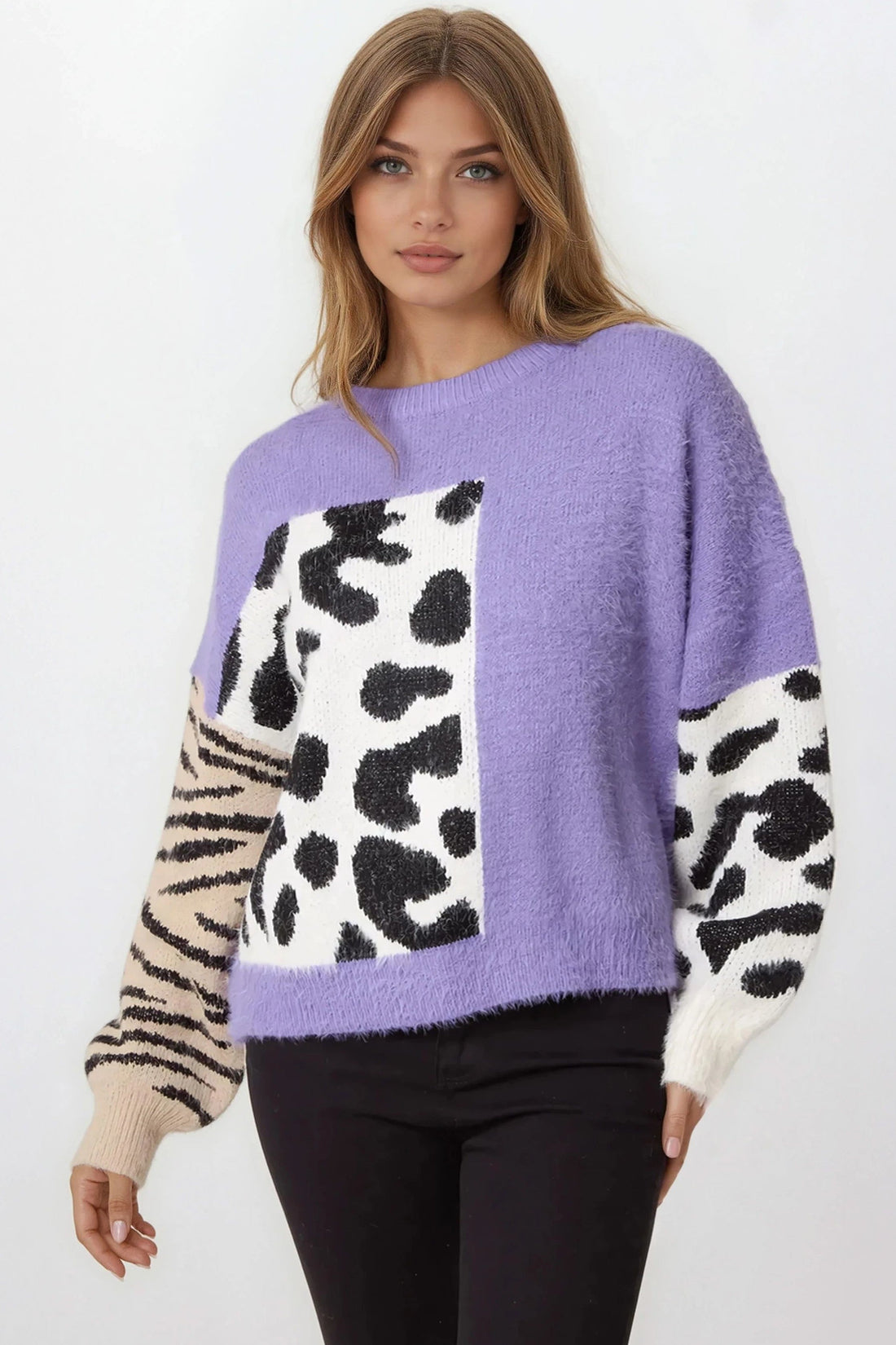 Purple Mixed Animal Pattern Knit Jumper-2
