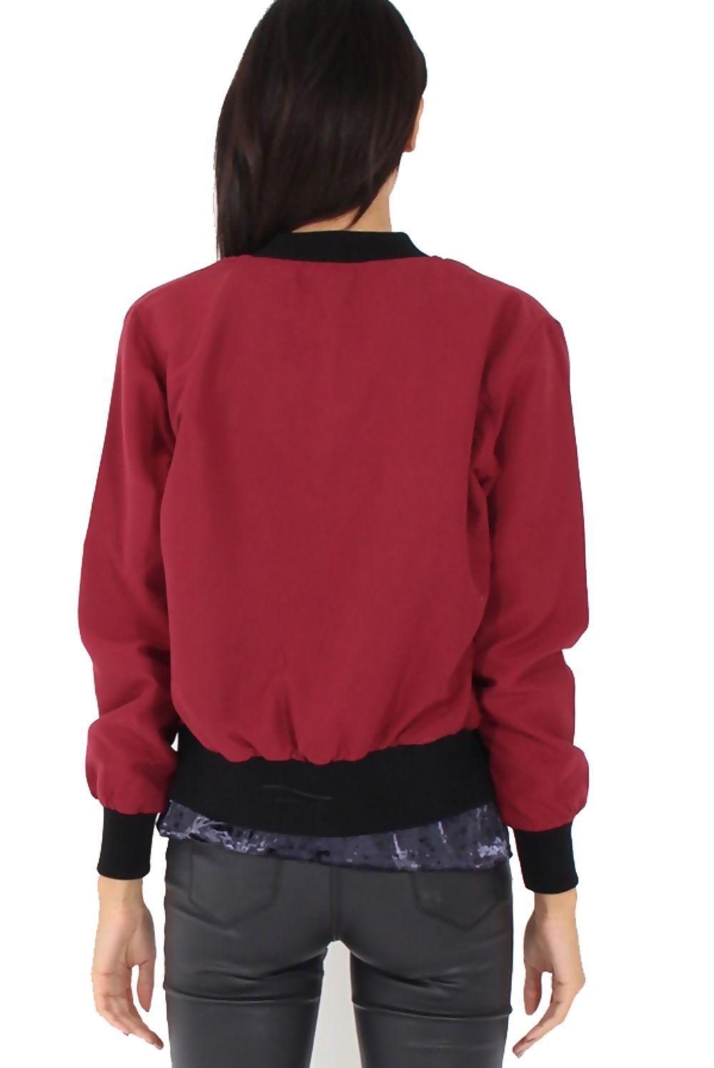 Burgundy women’s bomber jacket, back view, zip front with ribbed knit cuffs