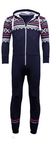 Navy Aztec print onesie with a lined hood, front zipper, and patterned cuffs.