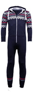 Navy Aztec print onesie with a lined hood, front zipper, and patterned cuffs.