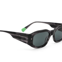 Tayrona smokey black sunglasses, angled view, dark tortoiseshell frame and green lenses
