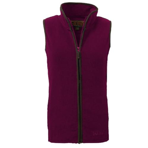 Rose fleece gilet with a stand collar, full zip, and contrast trim