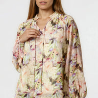 Green Floral Print Tie Neck Blouse-0