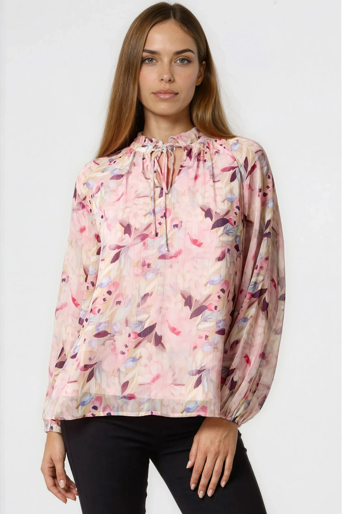 Pink floral tie-neck blouse with sheer blouson sleeves