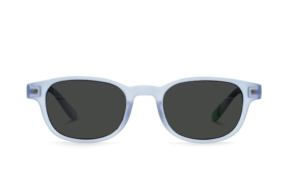 Polarized sunglasses with light blue frames and dark oval lenses