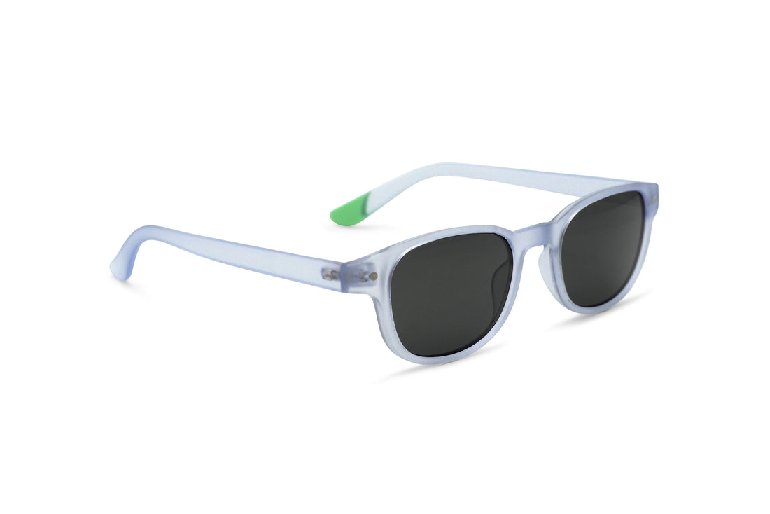 Polarized sunglasses, light blue frame with green temple accents and dark lenses