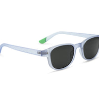Polarized sunglasses, light blue frame with green temple accents and dark lenses