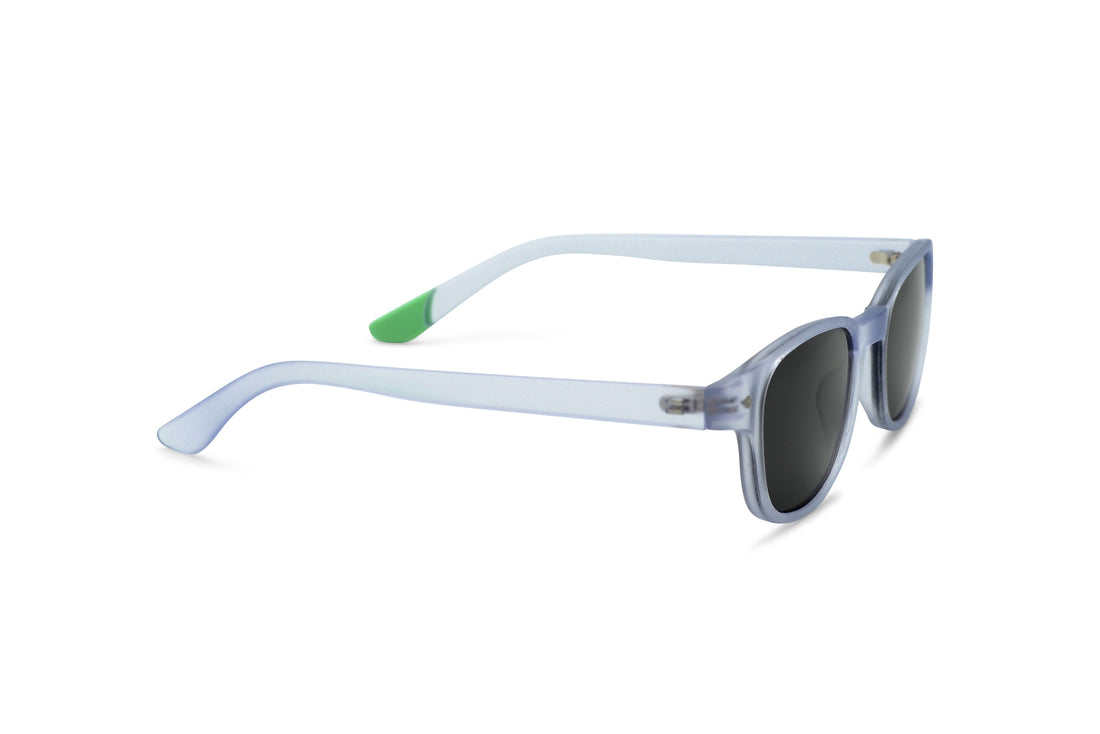 Polarized sunglasses with light blue frames, green hinge detail, and dark side lens