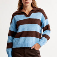 Striped wool-blend jumper with polo collar, blue and brown horizontal stripes
