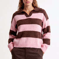 Striped knit jumper with polo collar, pink and dark brown bands