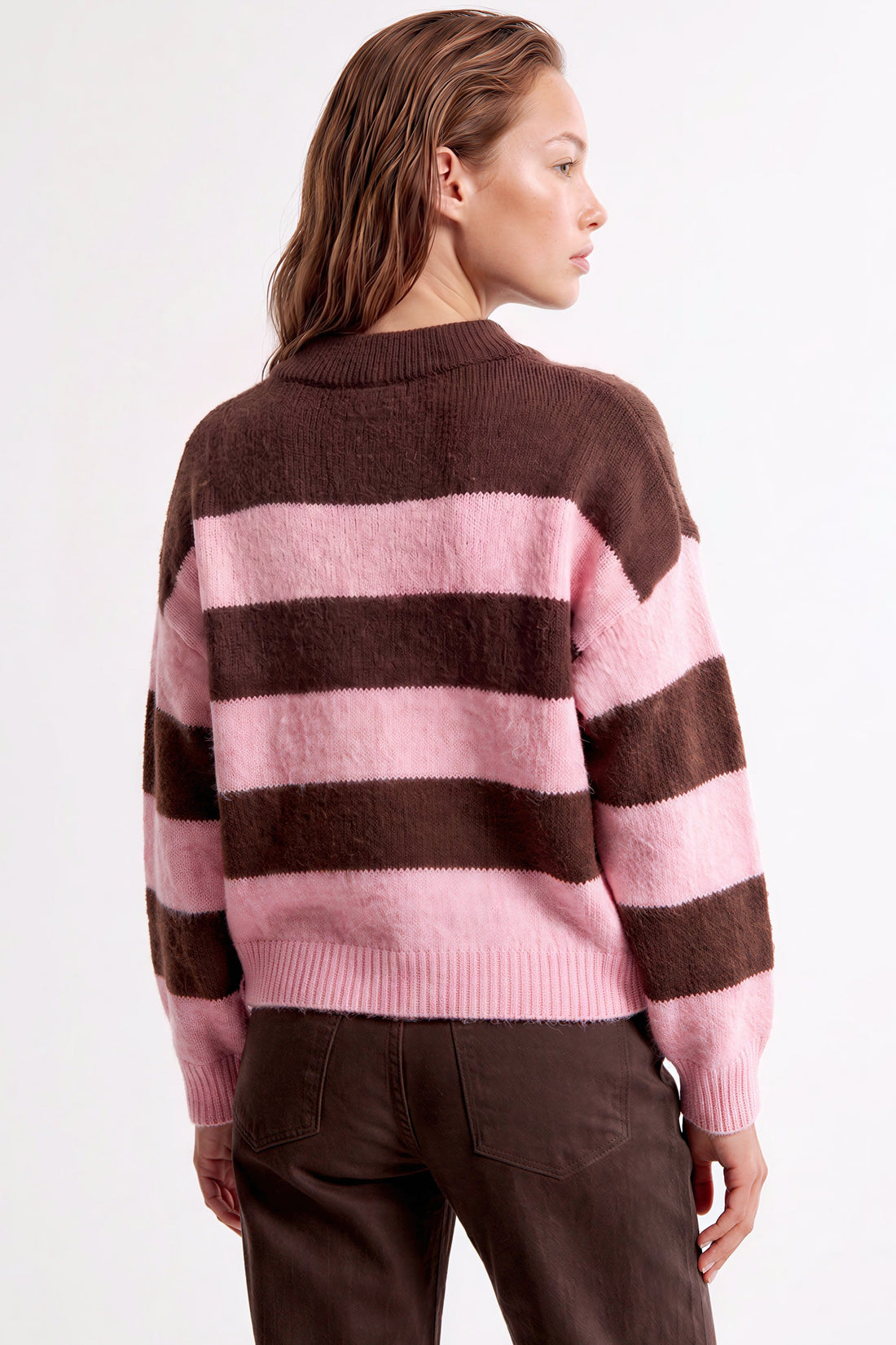 Striped knit jumper with polo collar, pink and dark brown bands, back view