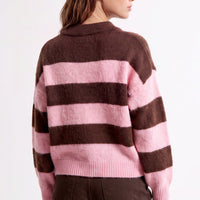 Striped knit jumper with polo collar, pink and dark brown bands, back view