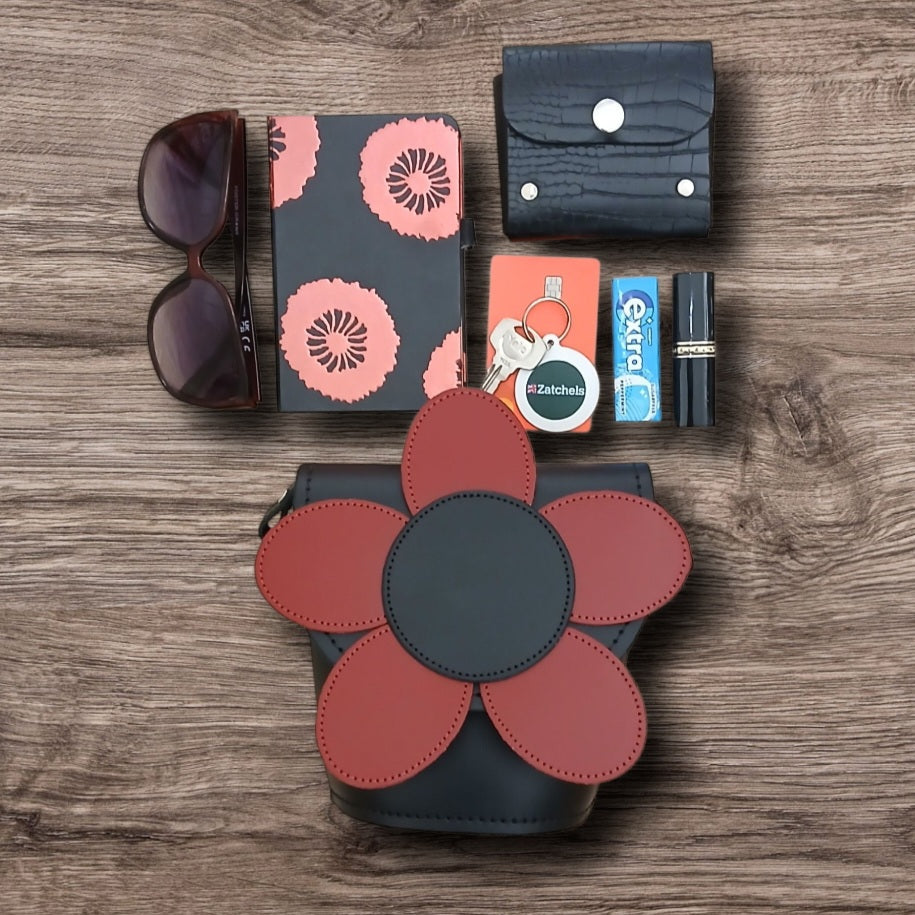 Handmade Leather Daisy Barrel Bag - Poppy - Red-3