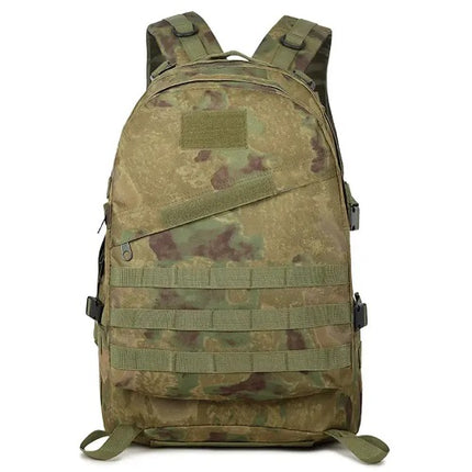40L tactical backpack in muted green camouflage with front MOLLE webbing and padded straps