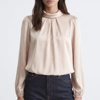 Champagne satin-look blouse with folded stand collar and long puff sleeves