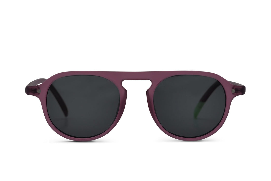 Plum sunglasses with dark lenses and rounded frames