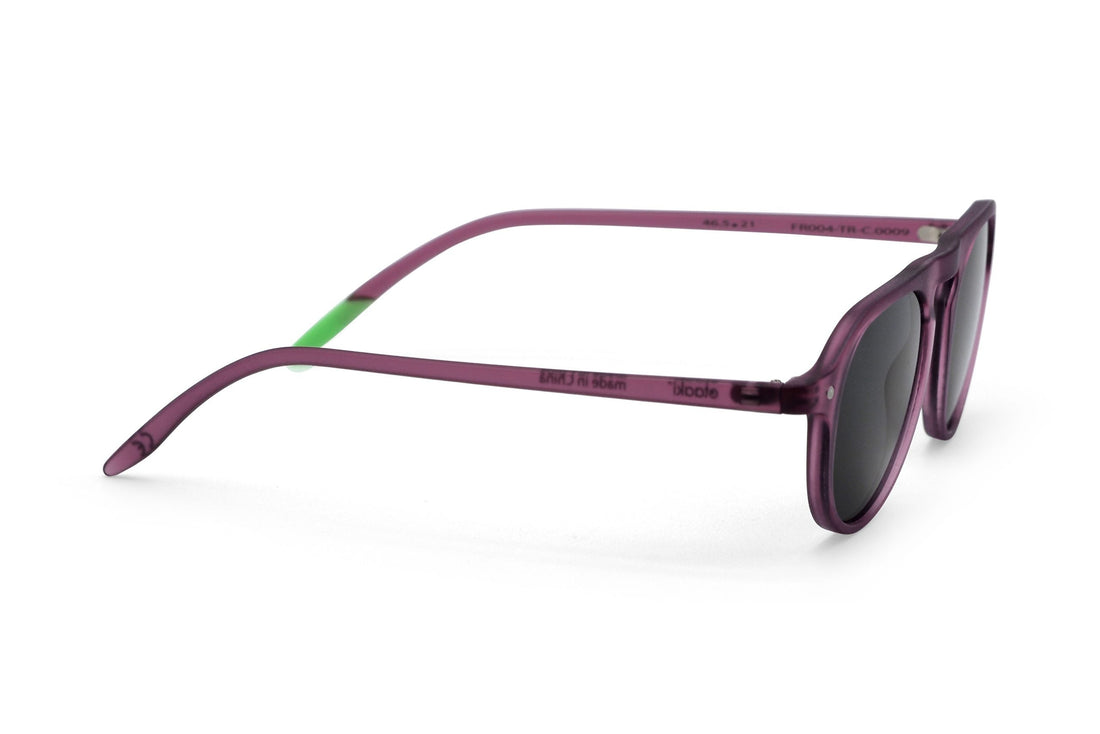 Plum sunglasses, side profile with dark lens and curved temple arms