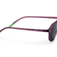 Plum sunglasses, side profile with dark lens and curved temple arms