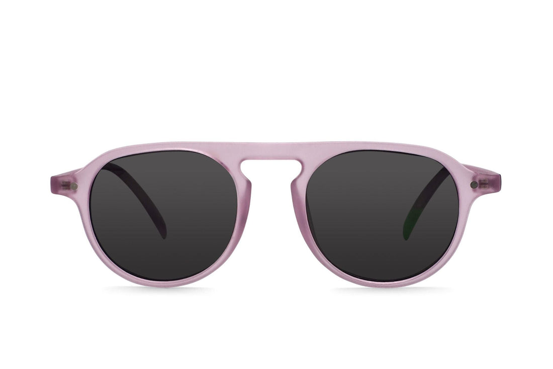 Lavender sunglasses with round dark lenses and slim plastic frames
