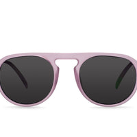 Lavender sunglasses with round dark lenses and slim plastic frames