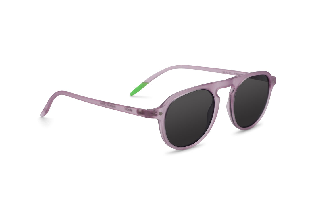 Lavender sunglasses side view with dark lenses and green temple accents