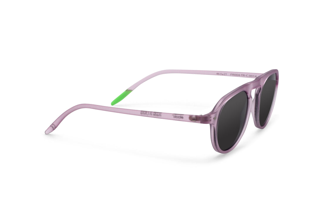 Lavender sunglasses angled view with dark lenses and curved brow line