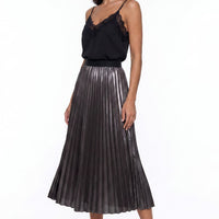 Black satin pleated midi skirt with elastic waistband, front view
