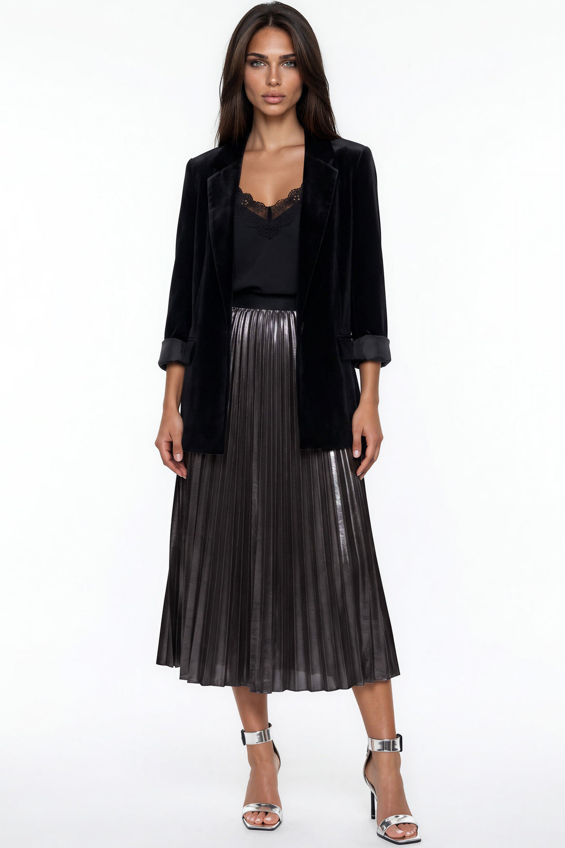 Black satin pleated midi skirt with elastic waistband, full-length view