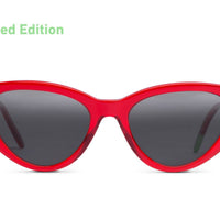 Red cat-eye sunglasses with dark tinted lenses, glossy frame and metal rivets