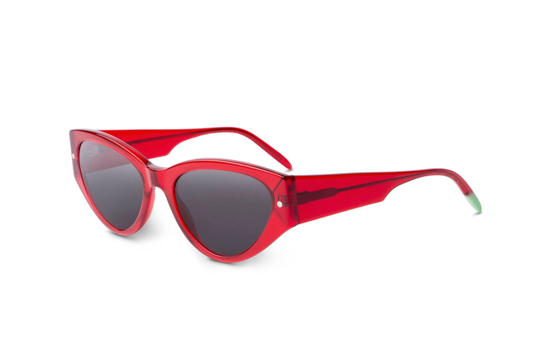 Red sunglasses with dark lenses, wraparound style and translucent temple tips