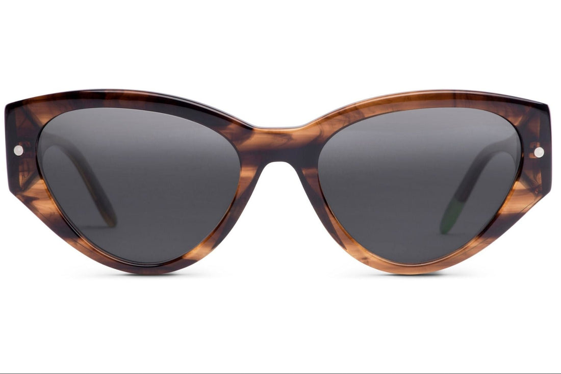 Smokey brown tortoiseshell sunglasses with dark tinted lenses, cat-eye style